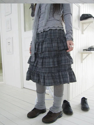 Vintage Gray Layered Gingham Ruffle Hem Skirt Skirt