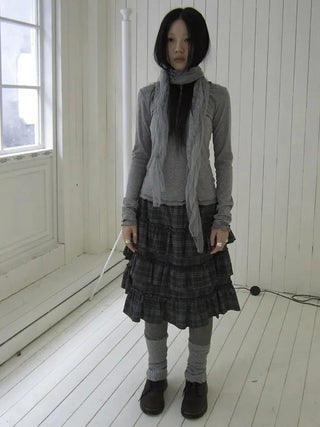 Vintage Gray Layered Gingham Ruffle Hem Skirt Skirt