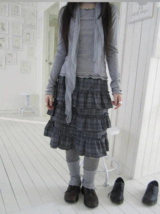 Vintage Gray Layered Gingham Ruffle Hem Skirt Skirt