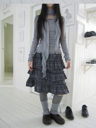 Vintage Gray Layered Gingham Ruffle Hem Skirt Skirt
