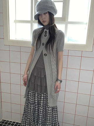 Vintage Gray Mid Length Half Zip Knit Sweater Short Sleeve