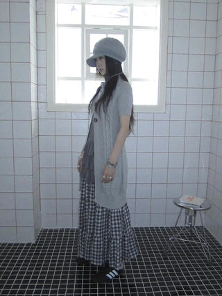 Vintage Gray Mid Length Half Zip Knit Sweater Short Sleeve