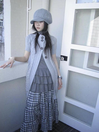 Vintage Gray Mid Length Half Zip Knit Sweater Short Sleeve