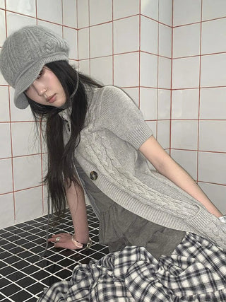 Vintage Gray Mid Length Half Zip Knit Sweater Short Sleeve