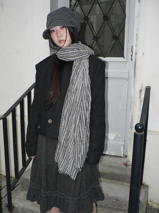 Vintage Grey White Striped Fringe Scarf Scarf