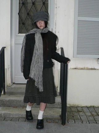 Vintage Grey White Striped Fringe Scarf Scarf