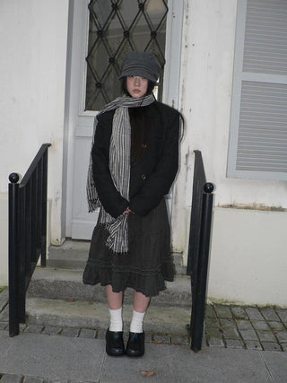 Vintage Grey White Striped Fringe Scarf Scarf