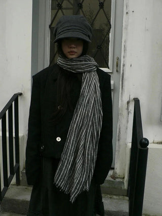 Vintage Grey White Striped Fringe Scarf Scarf