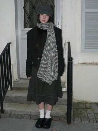 Vintage Grey White Striped Fringe Scarf Scarf