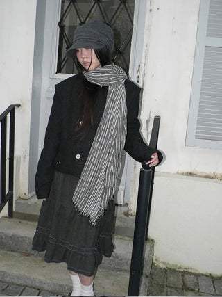 Vintage Grey White Striped Fringe Scarf Scarf