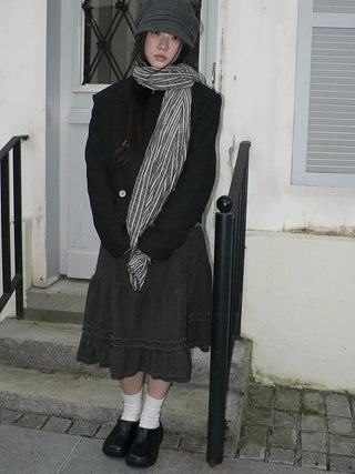 Vintage Grey White Striped Fringe Scarf Scarf