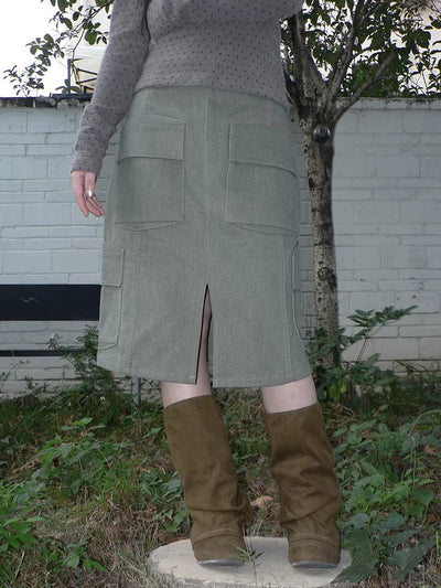 Vintage High Waist Pocket A Line Straight Casual Student Green Midi Skirt