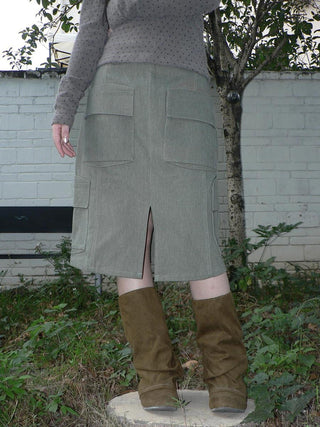 Vintage High Waist Pocket A Line Straight Casual Student Green Midi Skirt