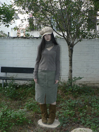Vintage High Waist Pocket A Line Straight Casual Student Green Midi Skirt