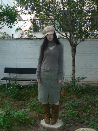 Vintage High Waist Pocket A Line Straight Casual Student Green Midi Skirt