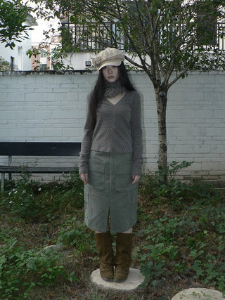 Vintage High Waist Pocket A Line Straight Casual Student Green Midi Skirt