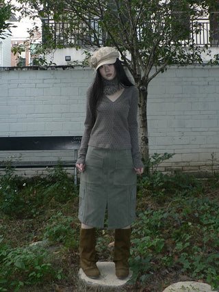 Vintage High Waist Pocket A Line Straight Casual Student Green Midi Skirt