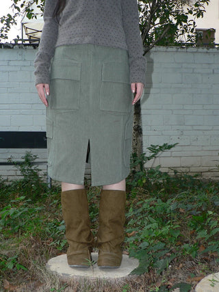 Vintage High Waist Pocket A Line Straight Casual Student Green Midi Skirt