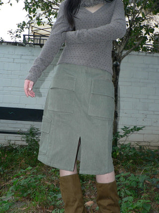 Vintage High Waist Pocket A Line Straight Casual Student Green Midi Skirt