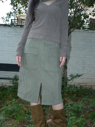 Vintage High Waist Pocket A Line Straight Casual Student Green Midi Skirt