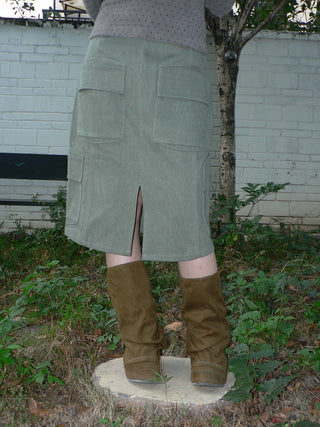 Vintage High Waist Pocket A Line Straight Casual Student Green Midi Skirt