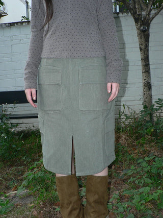 Vintage High Waist Pocket A Line Straight Casual Student Green Midi Skirt