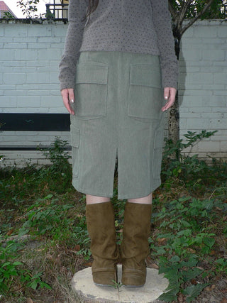Vintage High Waist Pocket A Line Straight Casual Student Green Midi Skirt