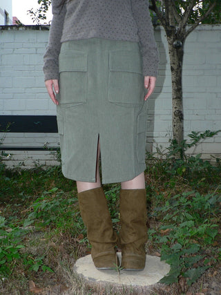 Vintage High Waist Pocket A Line Straight Casual Student Green Midi Skirt