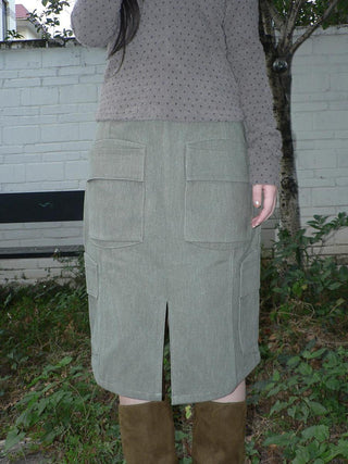 Vintage High Waist Pocket A Line Straight Casual Student Green Midi Skirt