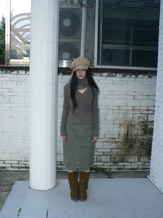 Vintage High Waist Pocket A Line Straight Casual Student Green Midi Skirt
