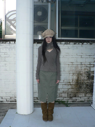 Vintage High Waist Pocket A Line Straight Casual Student Green Midi Skirt