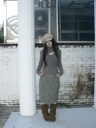 Vintage High Waist Pocket A Line Straight Casual Student Green Midi Skirt