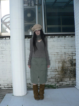Vintage High Waist Pocket A Line Straight Casual Student Green Midi Skirt