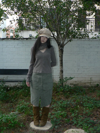 Vintage High Waist Pocket A Line Straight Casual Student Green Midi Skirt