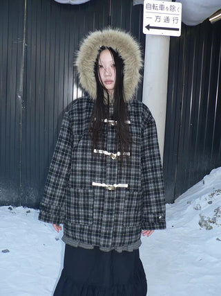 Vintage Hooded Plaid Mid Length Straight Fit Toggle Button Womens Coat