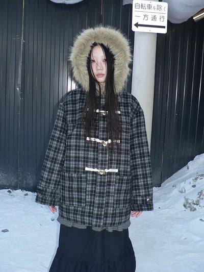 Vintage Hooded Plaid Mid Length Straight Fit Toggle Button Womens Coat
