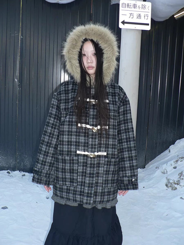 Vintage Hooded Plaid Mid Length Straight Fit Toggle Button Womens Coat
