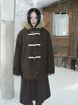 Vintage Hooded Plaid Mid Length Straight Fit Toggle Button Womens Coat