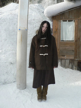 Vintage Hooded Plaid Mid Length Straight Fit Toggle Button Womens Coat