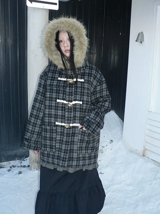 Vintage Hooded Plaid Mid Length Straight Fit Toggle Button Womens Coat