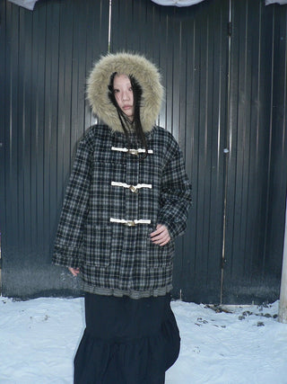 Vintage Hooded Plaid Mid Length Straight Fit Toggle Button Womens Coat