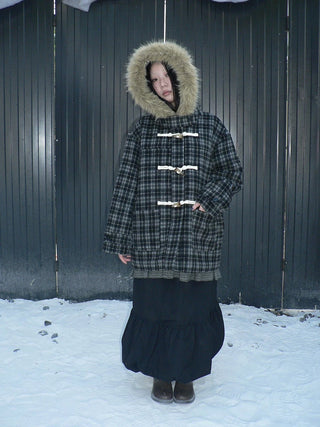 Vintage Hooded Plaid Mid Length Straight Fit Toggle Button Womens Coat