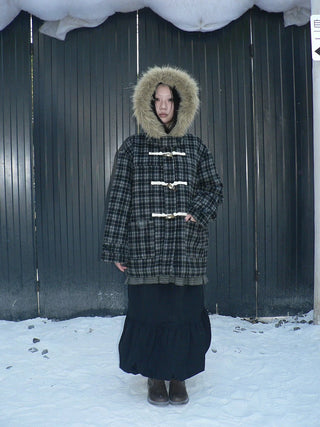 Vintage Hooded Plaid Mid Length Straight Fit Toggle Button Womens Coat