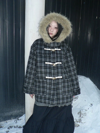 Vintage Hooded Plaid Mid Length Straight Fit Toggle Button Womens Coat