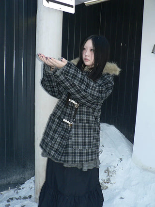 Vintage Hooded Plaid Mid Length Straight Fit Toggle Button Womens Coat