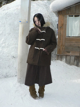 Vintage Hooded Plaid Mid Length Straight Fit Toggle Button Womens Coat