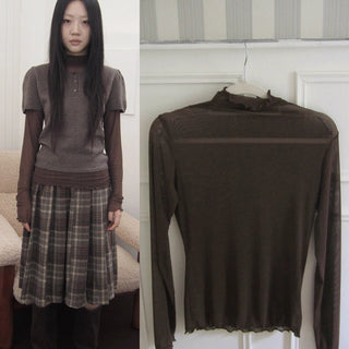Vintage Knit Layering Mesh Top V-neck T-shirt Long Sleeve T-shirt