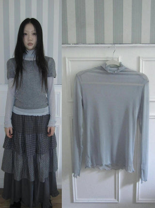 Vintage Knit Layering Mesh Top V-neck T-shirt Long Sleeve T-shirt
