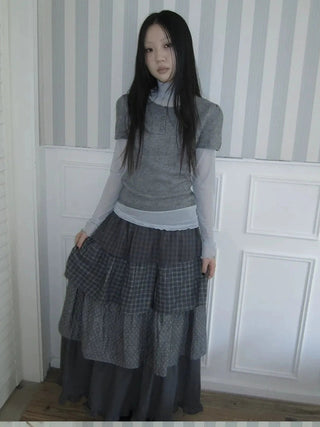 Vintage Knit Layering Mesh Top V-neck T-shirt Long Sleeve T-shirt