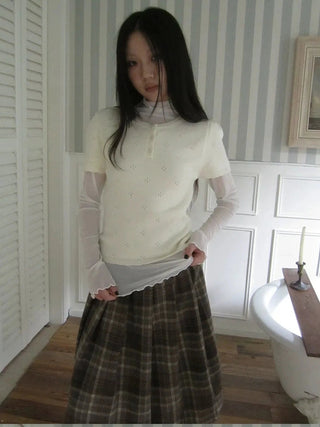 Vintage Knit Layering Mesh Top V-neck T-shirt Long Sleeve T-shirt